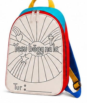 A colorful children's backpack with a color-it-yourself front panel that reads 'Yesu bëgg na la' — Jesus loves you.